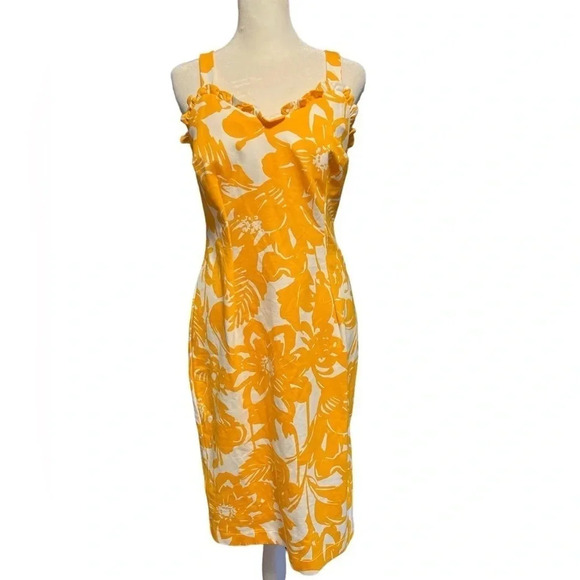 Trina Turk Zile Ruffle Floral Sheath Midi Dress Size 6 Yellow White Print Resort - Picture 5 of 11